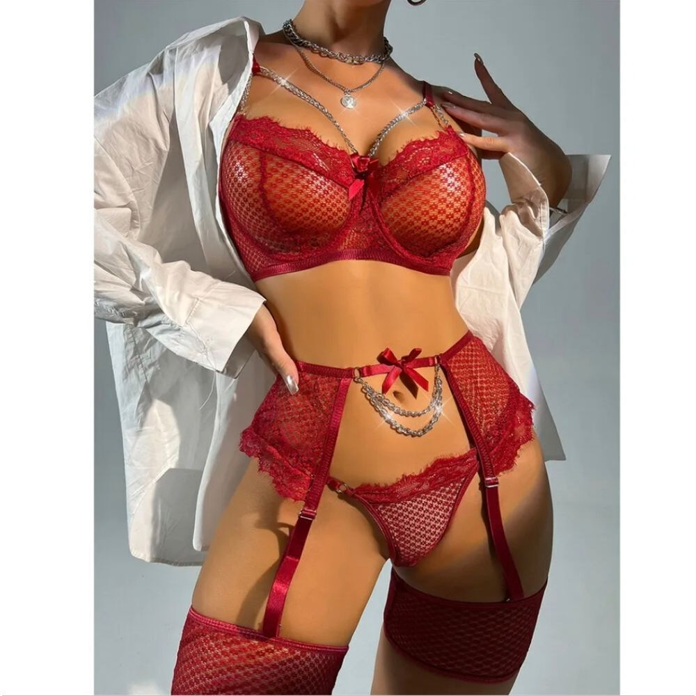 Sexy Garter Set Lingerie For Women Fishnet Underwire Lace 4 Piece Sleepwear US